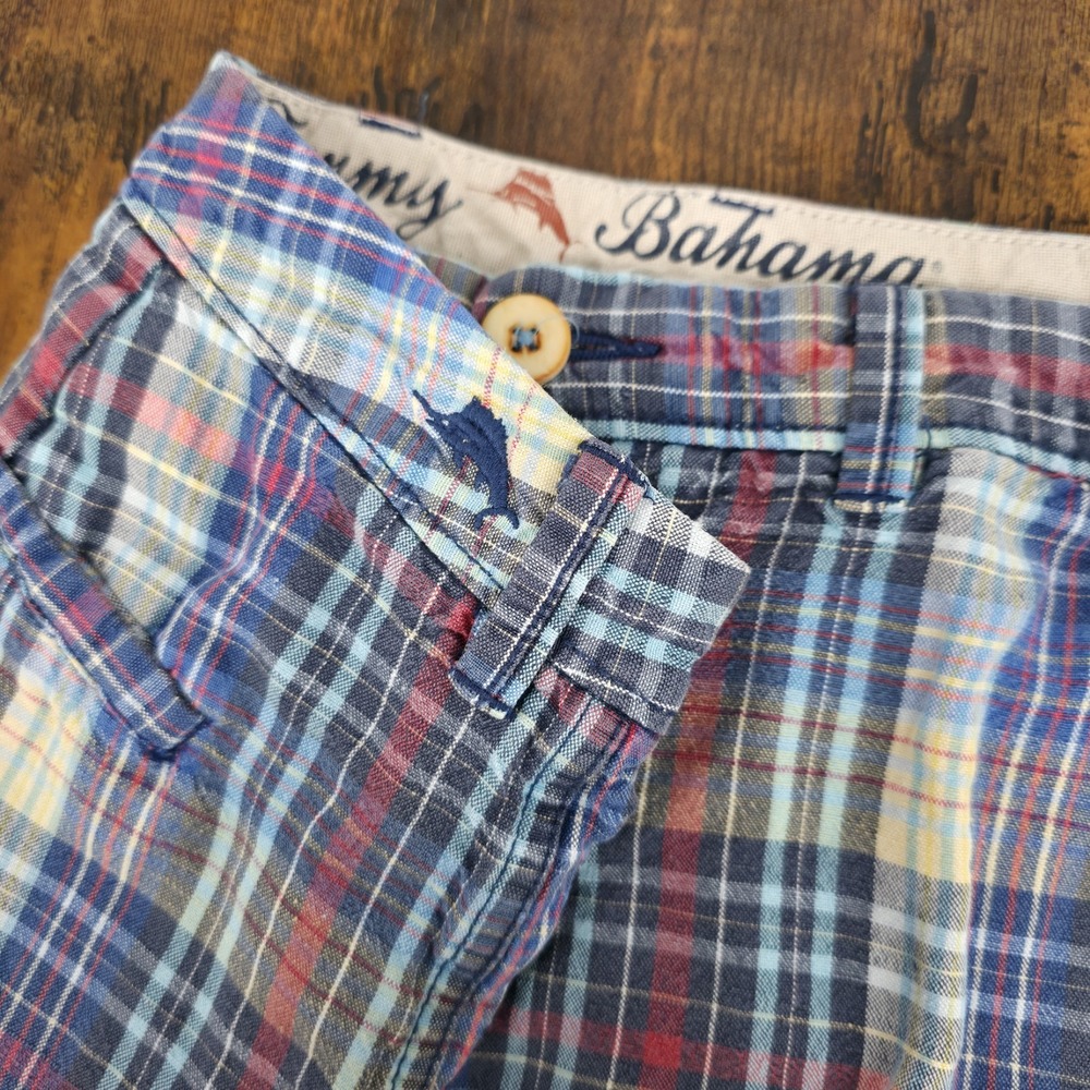 Tommy Bahama Men's Shorts Chino Bermuda‎ Blue Pink Plaid Linen Blend Sz 34 x 9"